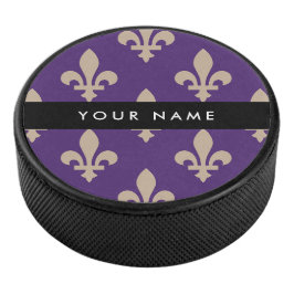 Fleur de Lis, Beige on Purple, Royal, Your Name Eishockey Puck