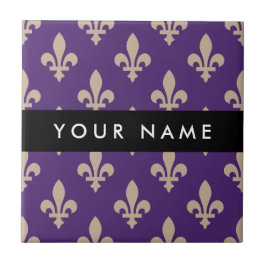 Fleur de Lis, Beige on Purple, Royal, Your Name Fliese
