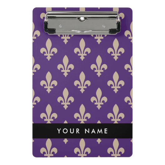 Fleur de Lis, Beige on Purple, Royal, Your Name Mini Klemmbrett (Vorderseite)