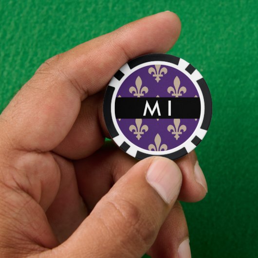 Fleur de Lis, Beige on Purple, Royal, Your Name Pokerchips (Hand)
