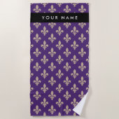 Fleur de Lis, Beige on Purple, Royal, Your Name Strandtuch (Vorderseite)
