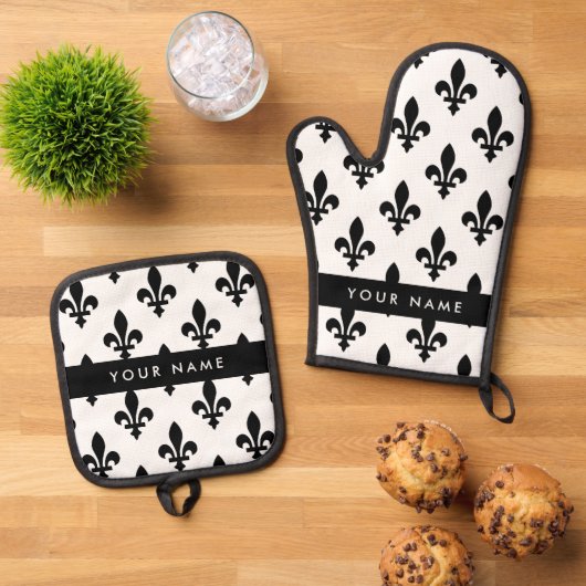 Fleur de Lis, Black on White, Black, Your Name Ofenhandschuh & Topflappen-Set (Oben Unten)