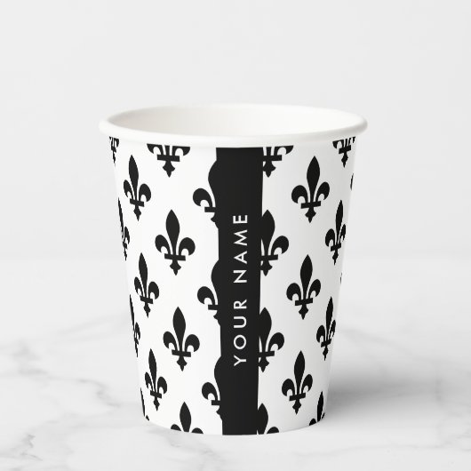 Fleur de Lis, Black on White, Black, Your Name Pappbecher (Vorderseite)