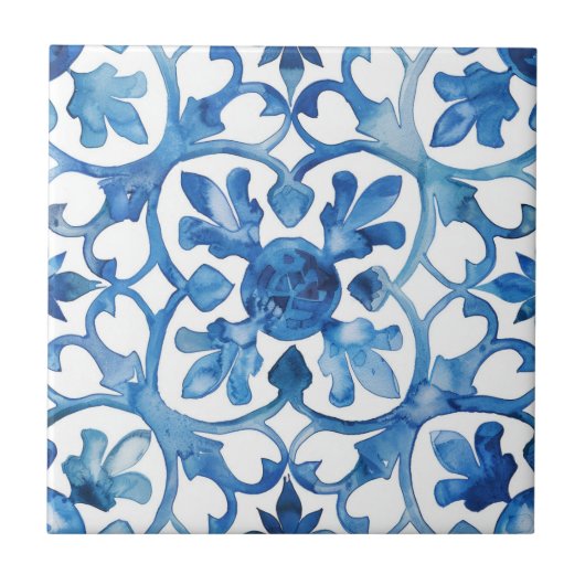Fleur-de-lis Blue Watercolor Fliese (Vorderseite)