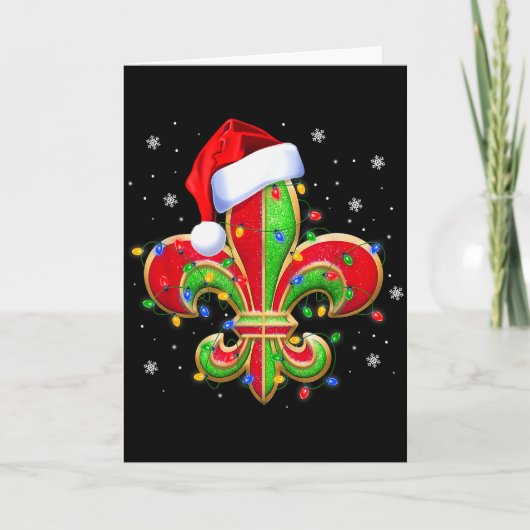 Fleur De Lis Christmas Ornament With Santa Hat Xma Karte (Vorderseite)