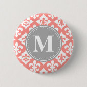 Fleur-De-Lis Coral Pink Gray Monogram Button (Vorderseite)