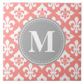 Fleur-De-Lis Coral Pink Gray Monogram Fliese (Vorderseite)
