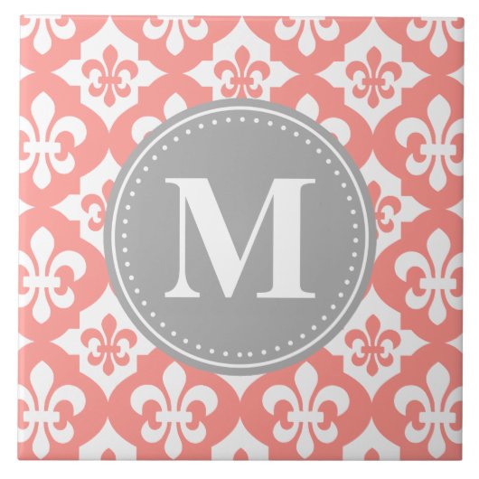 Fleur-De-Lis Coral Pink Gray Monogram Fliese (Vorderseite)