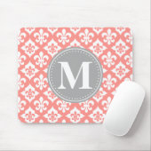 Fleur-De-Lis Coral Pink Gray Monogram Mousepad (Mit Mouse)