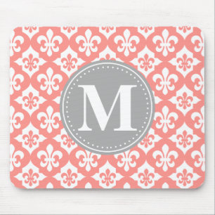 Fleur-De-Lis Coral Pink Gray Monogram Mousepad