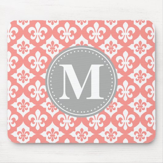Fleur-De-Lis Coral Pink Gray Monogram Mousepad (Vorne)
