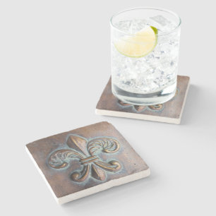 Fleur De Lis, gealterter Kupfer-Look-Druck Steinuntersetzer