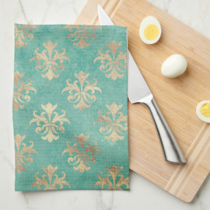 Fleur-de-Lis Gold und Teal Grün Vintage-Patina Geschirrtuch