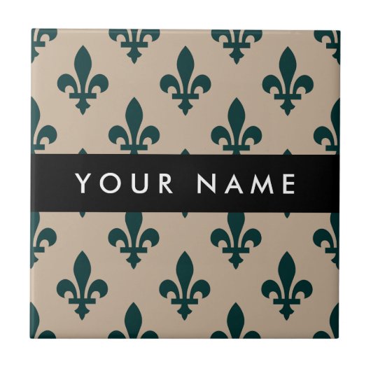 Fleur de Lis, Green on Beige, Royal, Your Name Fliese (Vorderseite)