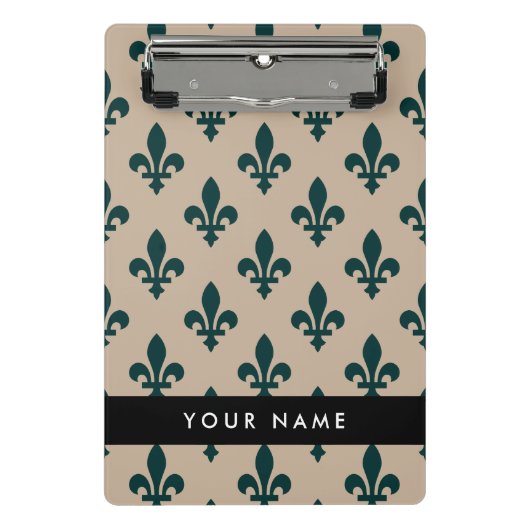 Fleur de Lis, Green on Beige, Royal, Your Name Mini Klemmbrett (Vorderseite)