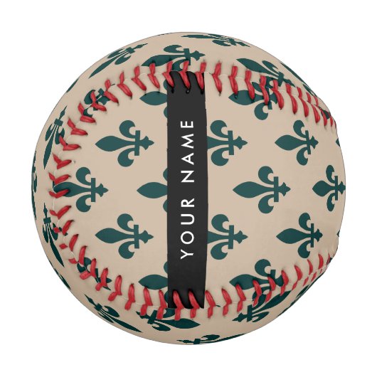 Fleur de Lis, Grün auf Beige, Royal, Ihr Name Baseball (Vorderseite Links)