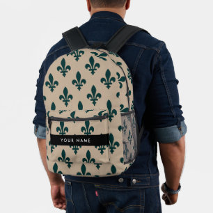 Fleur de Lis, Grün auf Beige, Royal, Ihr Name Bedruckter Rucksack