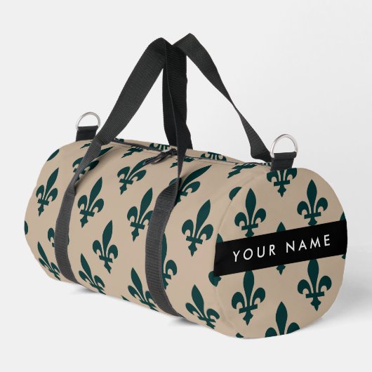 Fleur de Lis, Grün auf Beige, Royal, Ihr Name Duffle Bag (Linke Seite)