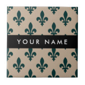 Fleur de Lis, Grün auf Beige, Royal, Ihr Name Fliese (Vorderseite)