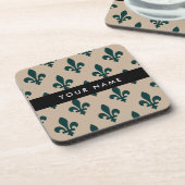 Fleur de Lis, Grün auf Beige, Royal, Ihr Name Getränkeuntersetzer (Linke Seite)
