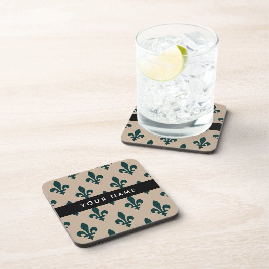 Fleur de Lis, Grün auf Beige, Royal, Ihr Name Getränkeuntersetzer (Rechte Seite)