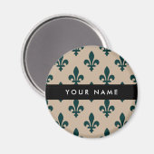 Fleur de Lis, Grün auf Beige, Royal, Ihr Name Magnet (Vorderseite/Rückseite)