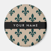 Fleur de Lis, Grün auf Beige, Royal, Ihr Name Magnet (Vorne)