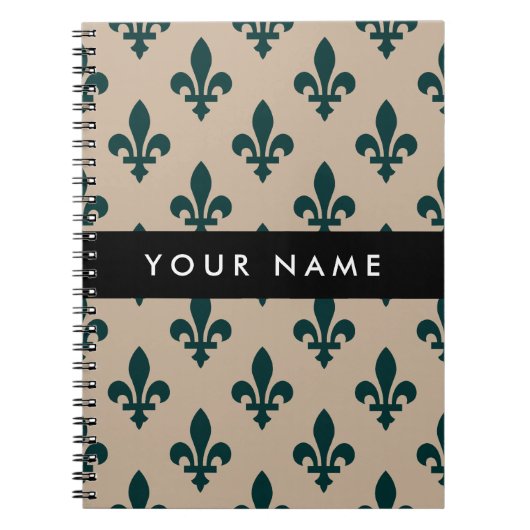 Fleur de Lis, Grün auf Beige, Royal, Ihr Name Notizblock (Vorderseite)