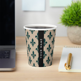 Fleur de Lis, Grün auf Beige, Royal, Ihr Name Pappbecher