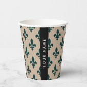 Fleur de Lis, Grün auf Beige, Royal, Ihr Name Pappbecher (Vorderseite)