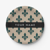 Fleur de Lis, Grün auf Beige, Royal, Ihr Name Pappteller (Vorderseite)
