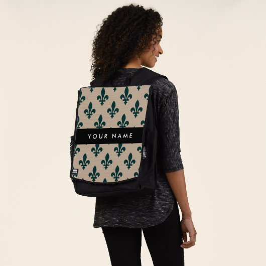 Fleur de Lis, Grün auf Beige, Royal, Ihr Name Rucksack (Ausgewaschen)