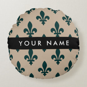 Fleur de Lis, Grün auf Beige, Royal, Ihr Name Rundes Kissen
