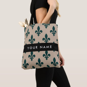 Fleur de Lis, Grün auf Beige, Royal, Ihr Name Tasche