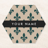 Fleur de Lis, Grün auf Beige, Royal, Ihr Name Untersetzer (Vorderseite)