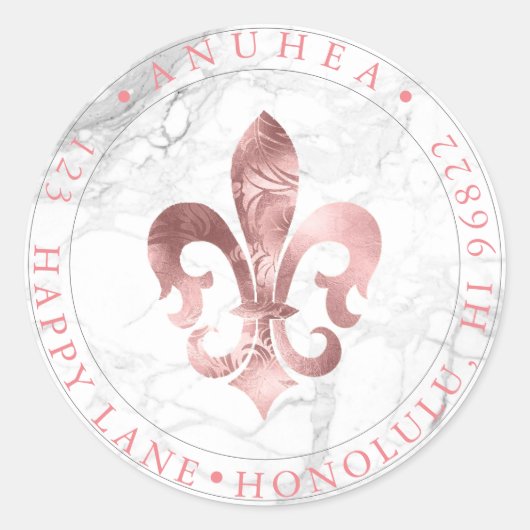 FLEUR DE LIS | IMITATE ROSE GOLD DAMASK RUNDER AUFKLEBER (Vorderseite)