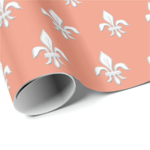 Fleur de Lis in Weiß auf hellkorallenrosa / Pfirsi Geschenkpapier