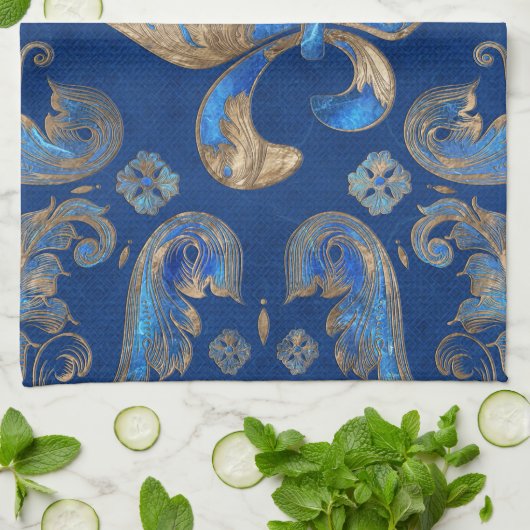 Fleur-de-lis Luxus-Ornament - blauer Marmor Geschirrtuch (Gefaltet)