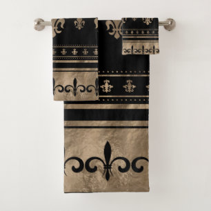 Fleur-de-lis Luxus-Ornament - Schwarz und Gold Badhandtuch Set