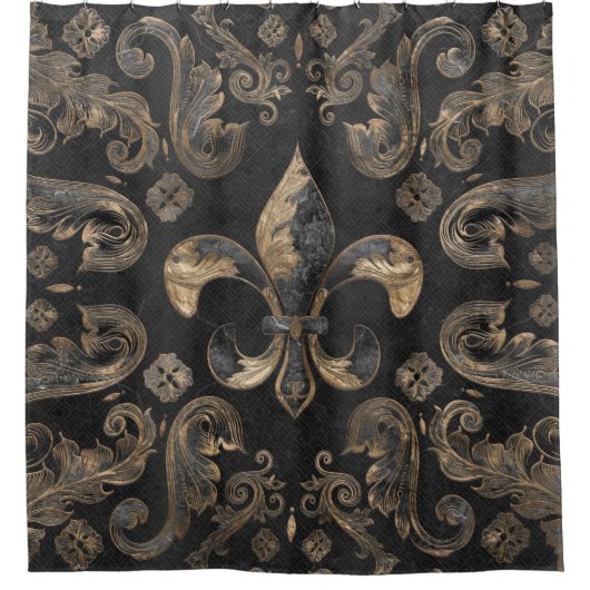 Fleur-de-lis Luxus-Ornament - Schwarzer Marmor Duschvorhang (Vorderseite)