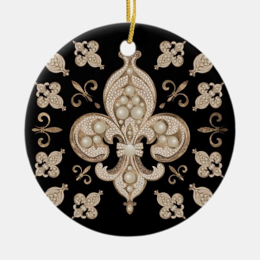 Fleur-de-lis Luxus Perle und Goldverzierungen Keramik Ornament (Vorne)