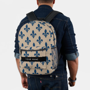 Fleur de Lis, Marineblau auf Beige, Royal, Ihr Nam Bedruckter Rucksack