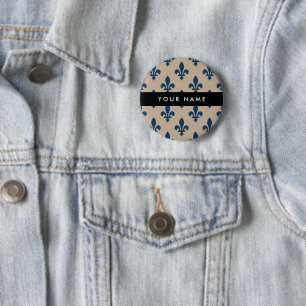 Fleur de Lis, Marineblau auf Beige, Royal, Ihr Nam Button