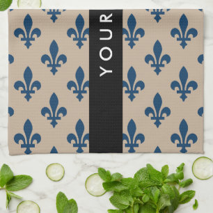 Fleur de Lis, Marineblau auf Beige, Royal, Ihr Nam Geschirrtuch