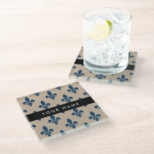 Fleur de Lis, Marineblau auf Beige, Royal, Ihr Nam Glasuntersetzer