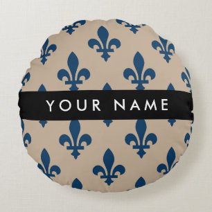 Fleur de Lis, Marineblau auf Beige, Royal, Ihr Nam Rundes Kissen