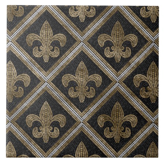 Fleur-de-lis-Mosaikfliesen Muster schwarz und gold Fliese (Vorderseite)