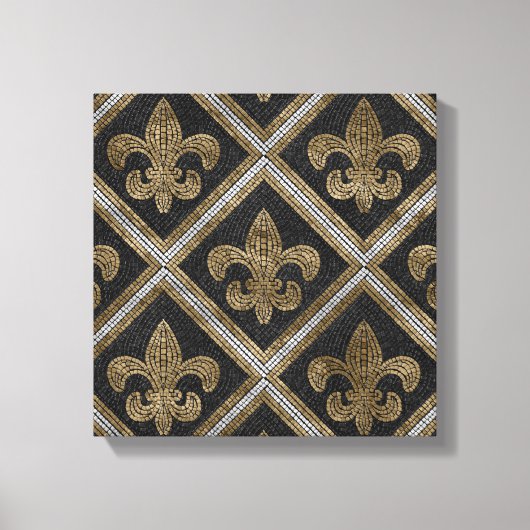 Fleur-de-lis-Mosaikfliesen Muster schwarz und gold Leinwanddruck (Vorderseite)