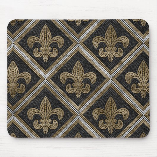 Fleur-de-lis-Mosaikfliesen Muster schwarz und gold Mousepad (Vorne)