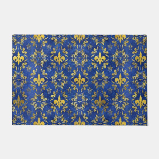 Fleur-de-lis-Muster blauer Marmor und Gold Fußmatte (Vorderseite)